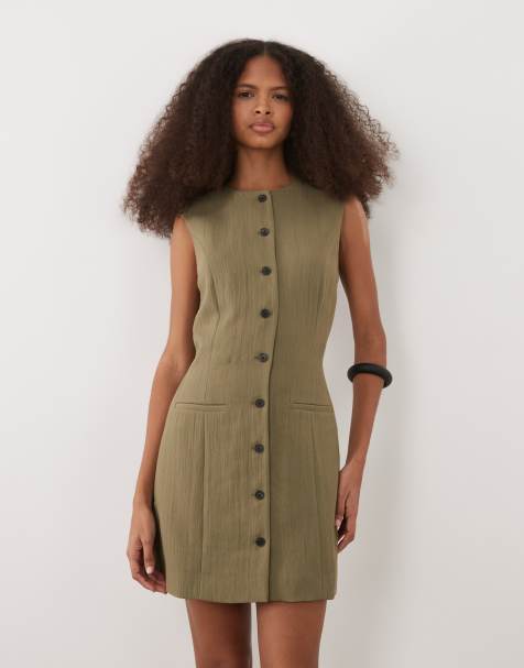 Mango button through sleeveless mini dress in green