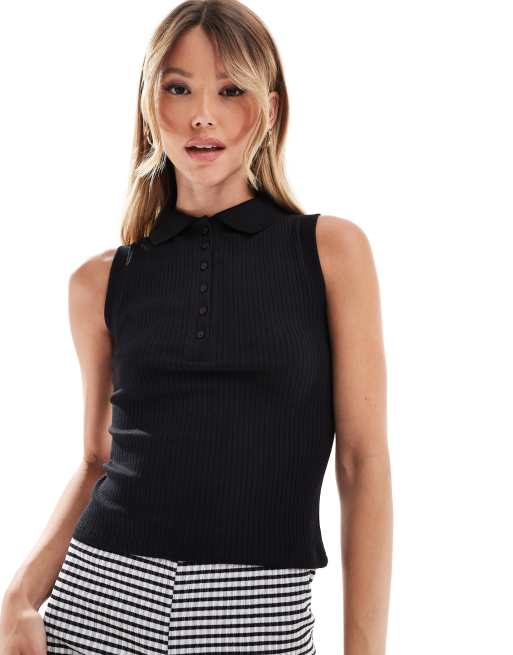  Mango button through sleeveless textured top in black