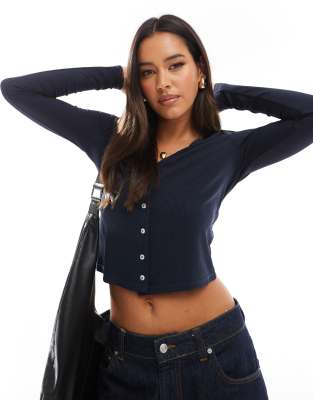 Mango Button Up Cardigan In Navy-black