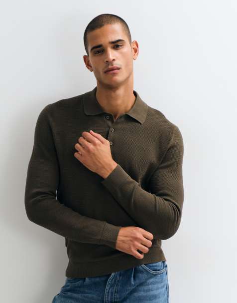 Mango button up polo jumper in khaki - view 1