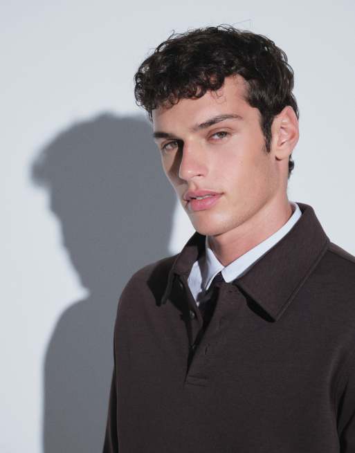 Mango button up polo top in brown, 3 of 5