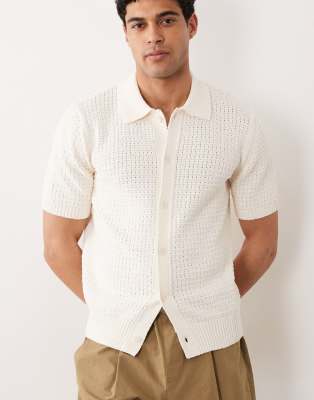 Mango Button Up Short Sleeve Waffle Knit Polo Shirt In Red