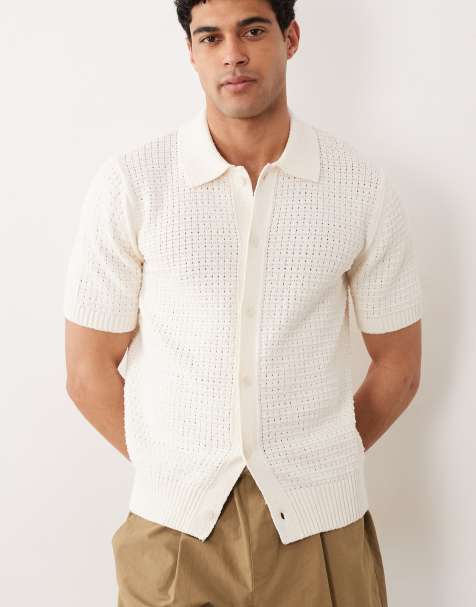 Mango button up short sleeve waffle knit poloshirt in ecru - view 1