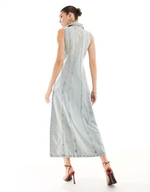 Mango button up sleeveless denim dress in light blue, 3 of 4