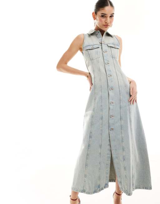 Mango button up sleeveless denim dress in light blue, 4 of 4