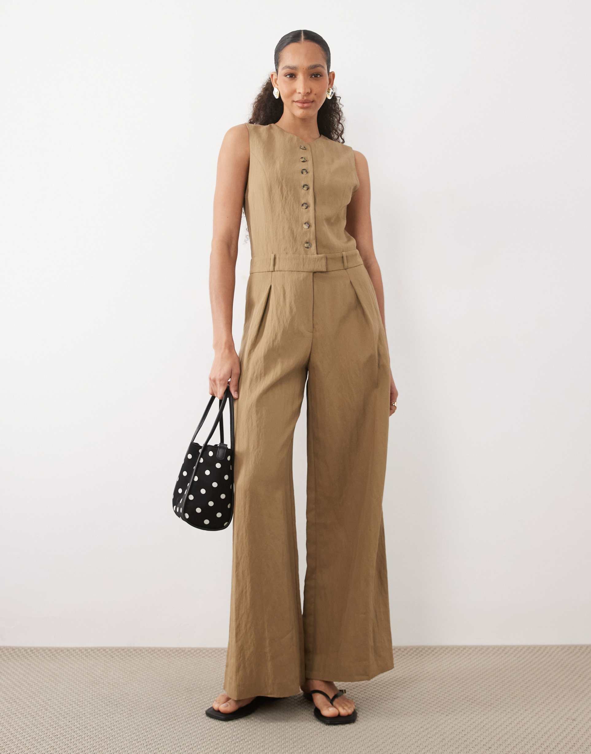 mango button up tailored jumpsuit in light khaki