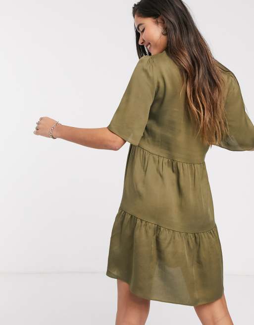 Mango buttoned mini smock dress in khaki