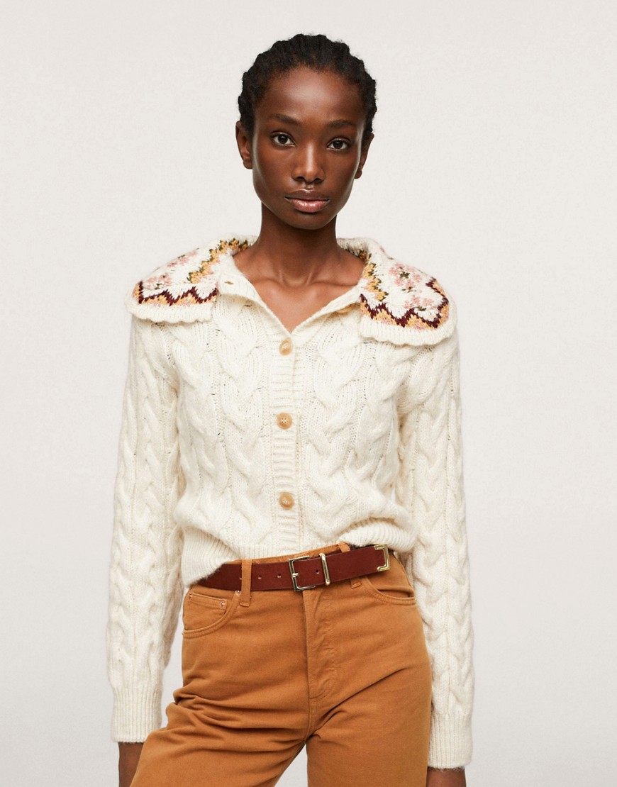 Mango cable knit button front cardigan with statement floral collar in beige-Neutral