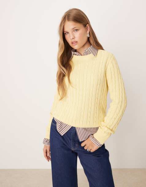 Mango cable knit crew neck jumper in yellow - view 1
