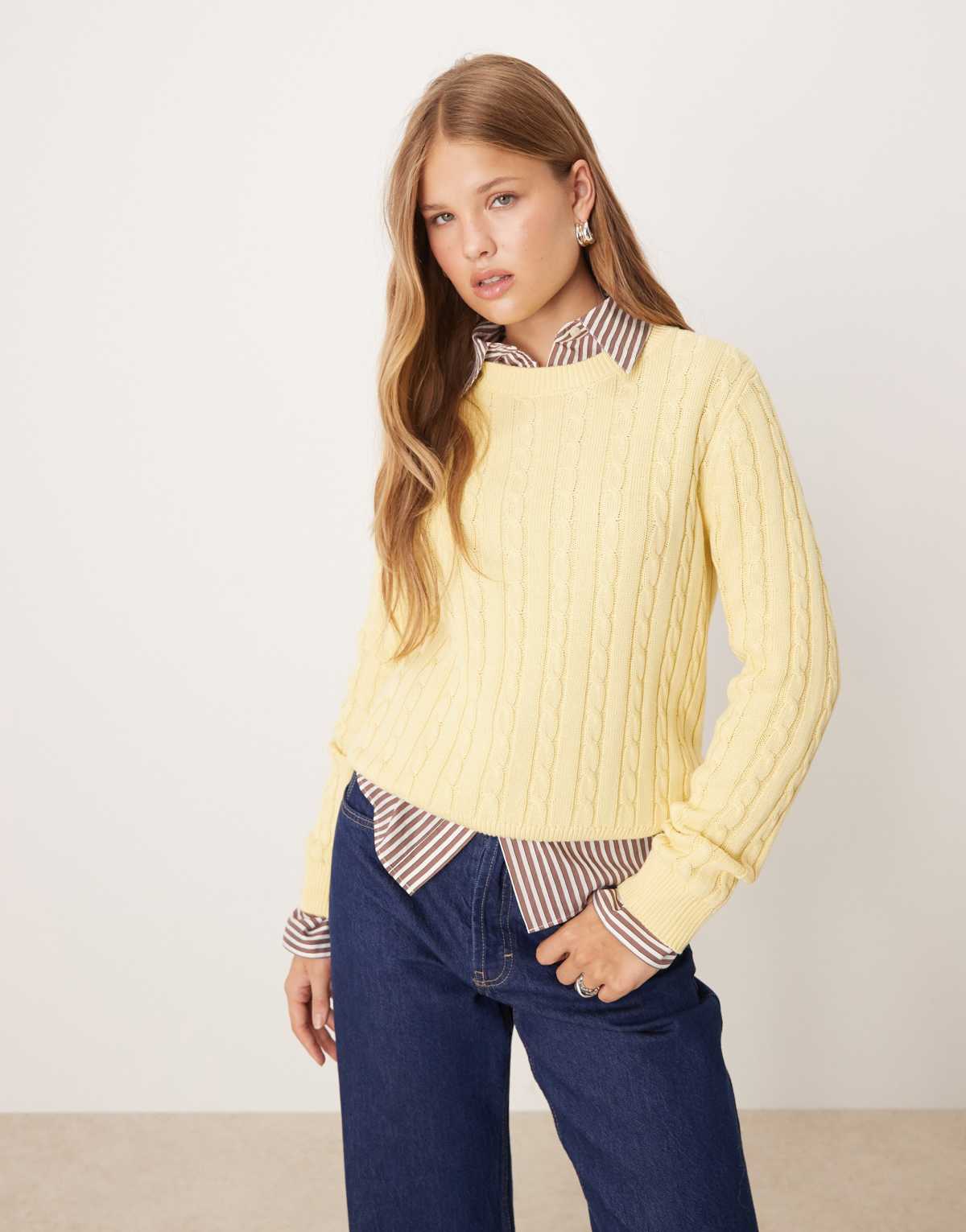Mango cable knit crew neck jumper in yellow