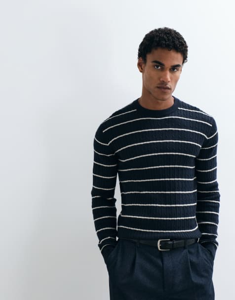 Mango cable knit jumper in navy stripe - view 1