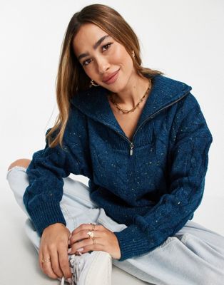 Mango cable knit jumper with high neck and half zip in blue