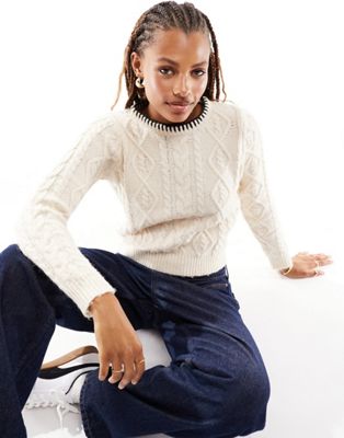 Mango cable knit jumper with stitch neckline in white