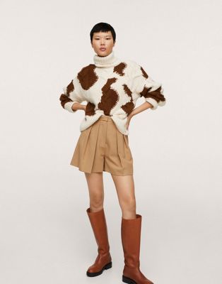 Mango cable knit polo neck jumper in cow print