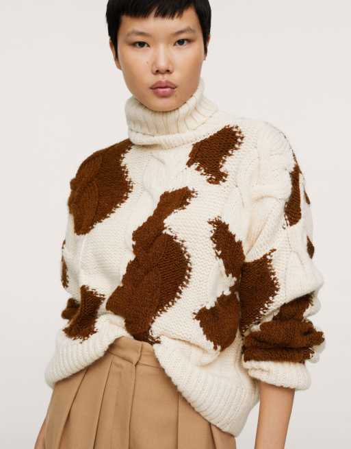 Mango cable knit polo neck sweater in cow print | ASOS