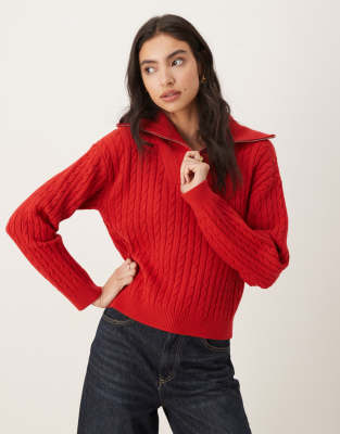 Mango Cable-knit Sweater With Zip-up Neck Red