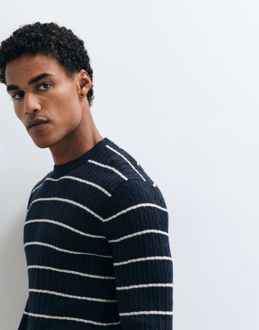 Mango cable knit sweater in navy stripe, 3 of 5