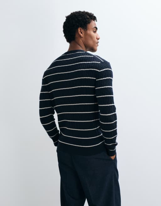 Mango cable knit sweater in navy stripe, 4 of 5