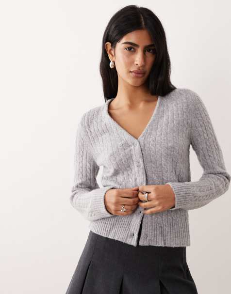 Mango cable knit v-neck cardigan in gray - view 1