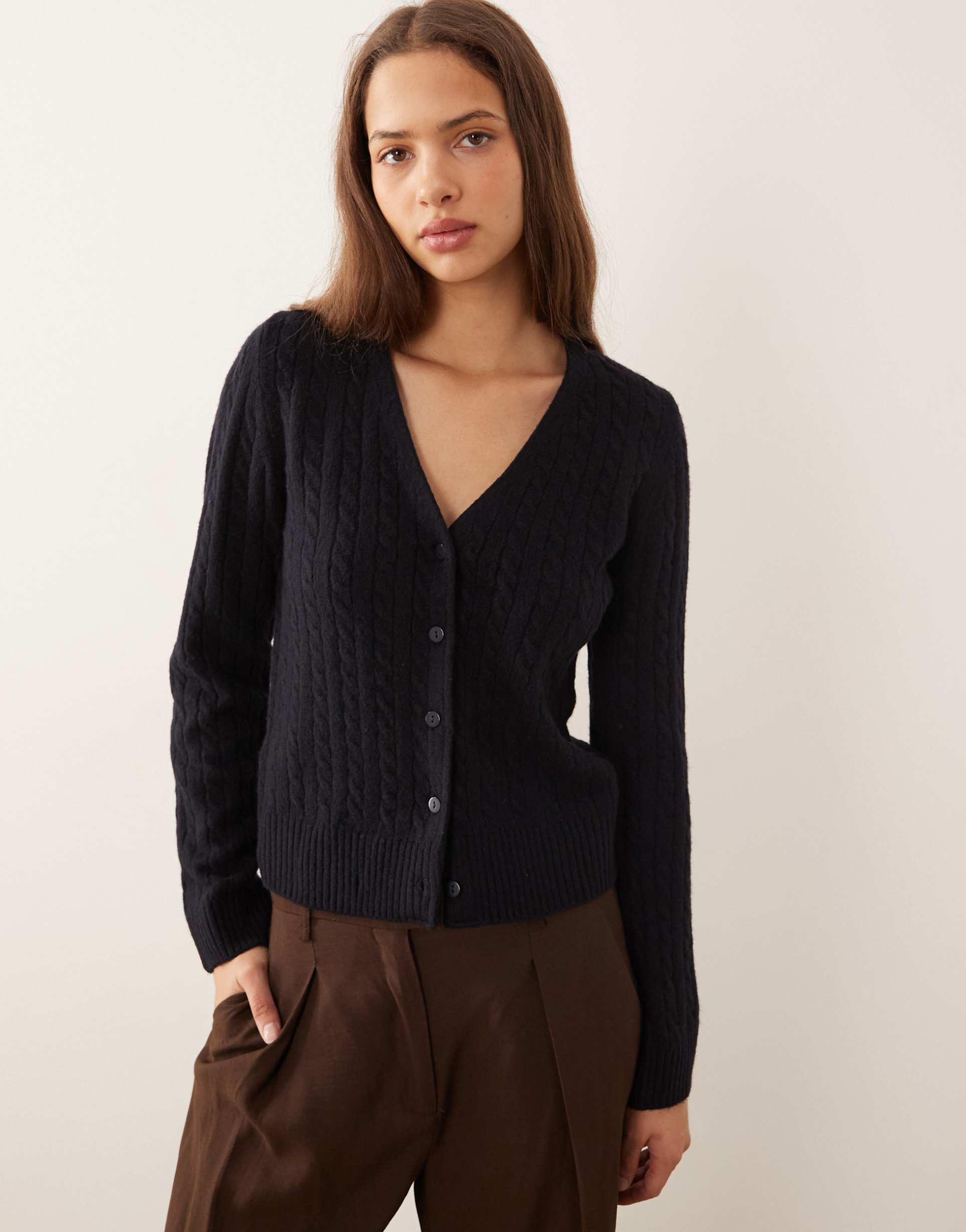 mango cable knit v neck cardigan in navy