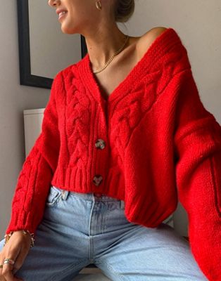 Mango cable knitted cardigan in red | ASOS