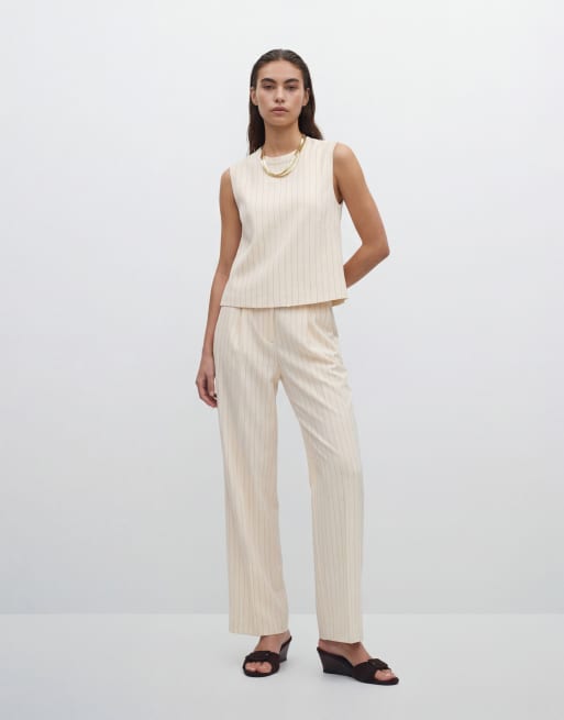 Mango - Cadena - Elegante gestreepte broek van linnenmix met geplooide voorkant in crème, 10 van 12