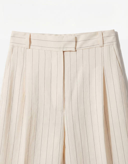 Mango - Cadena - Elegante gestreepte broek van linnenmix met geplooide voorkant in crème, 8 van 12