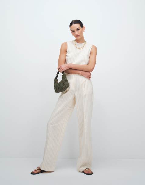 Mango Cadena linen mix pleat front tailored trouser in cream stripe