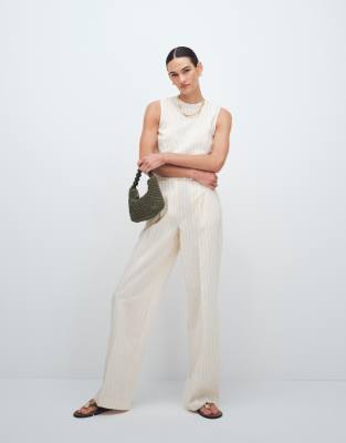 Mango Cadena linen mix pleated front tailored pants in cream stripes cream 17390₽