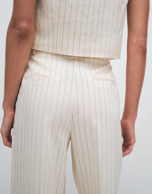 Mango Cadena linen mix pleated front tailored pants in cream stripes, 4 of 12