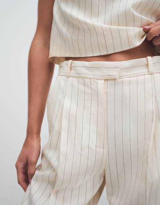 Mango Cadena linen mix pleated front tailored pants in cream stripes, 5 of 12
