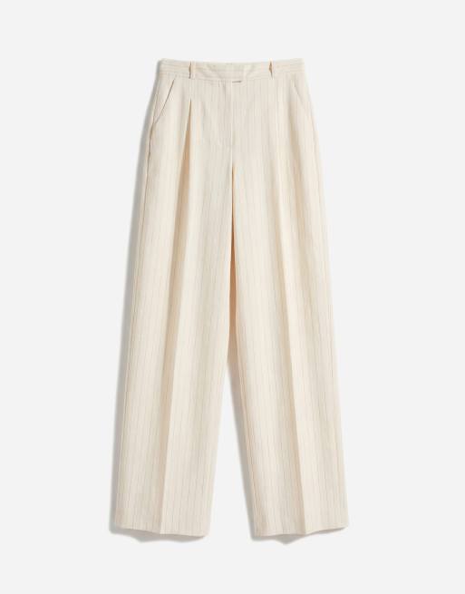 Mango Cadena linen mix pleated front tailored pants in cream stripes, 6 of 12