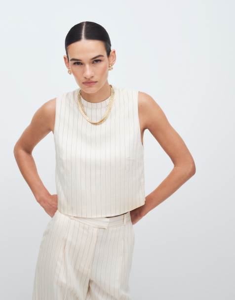 Mango Cadena linen mix sleeveless top with necklace detail co-ord in cream stripe - view 1