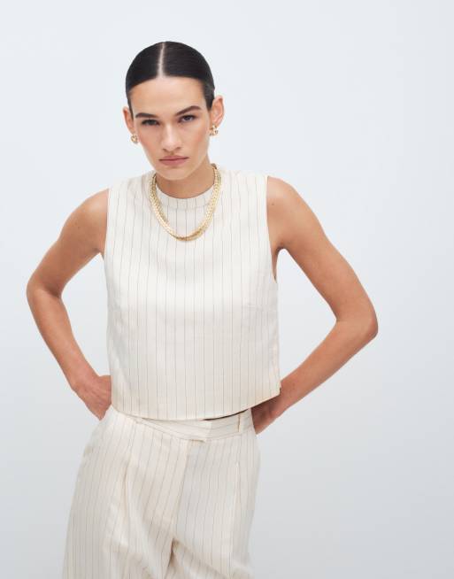 Mango Cadena linen mix sleeveless top with necklace detail & tailored pants set in cream stripe, 3 of 3