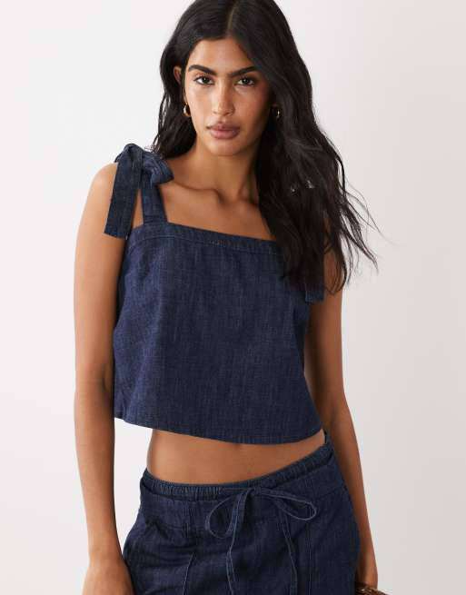 Mango - Calonge - Caraco d'ensemble en denim avec encolure carrée et détails noués - Indigo , 3 de 4