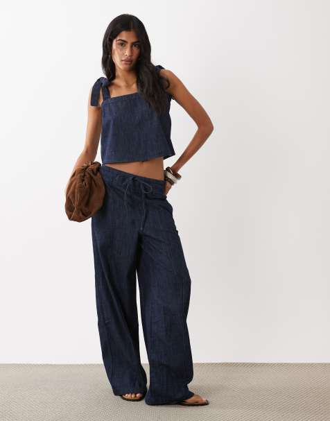 Mango – Calonge – Jeans-Set in Indigoblau, bestehend aus Camisole mit eckigem Ausschnitt und Bindedetail und Hose - view 1