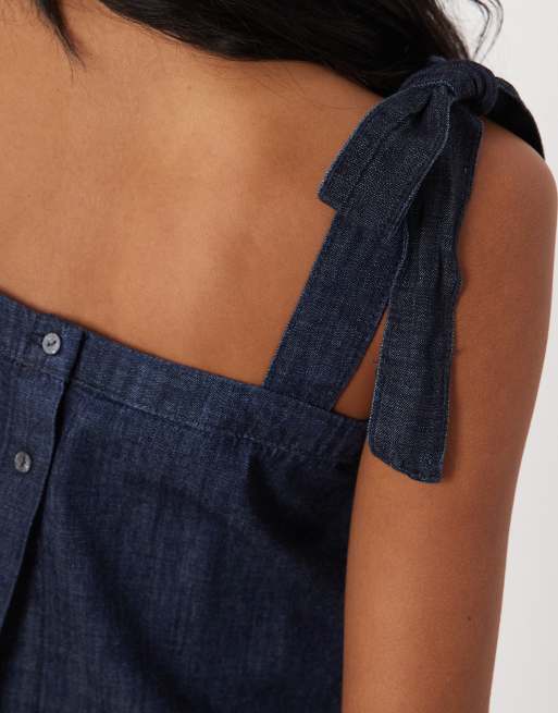 Mango Calonge sqaure neck denim tie detail cami top co-ord in indigo , 4 of 4