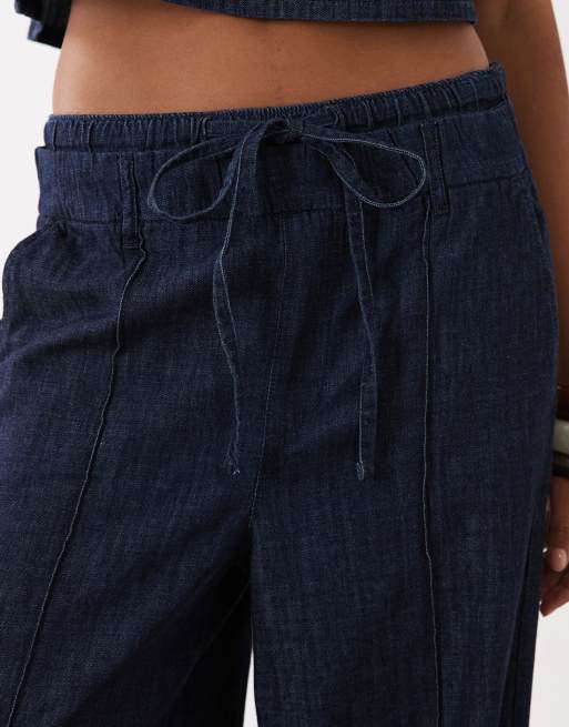 Mango Calonge tie waist pleat front wide leg denim trouser co-ord in indigo, 4 of 5