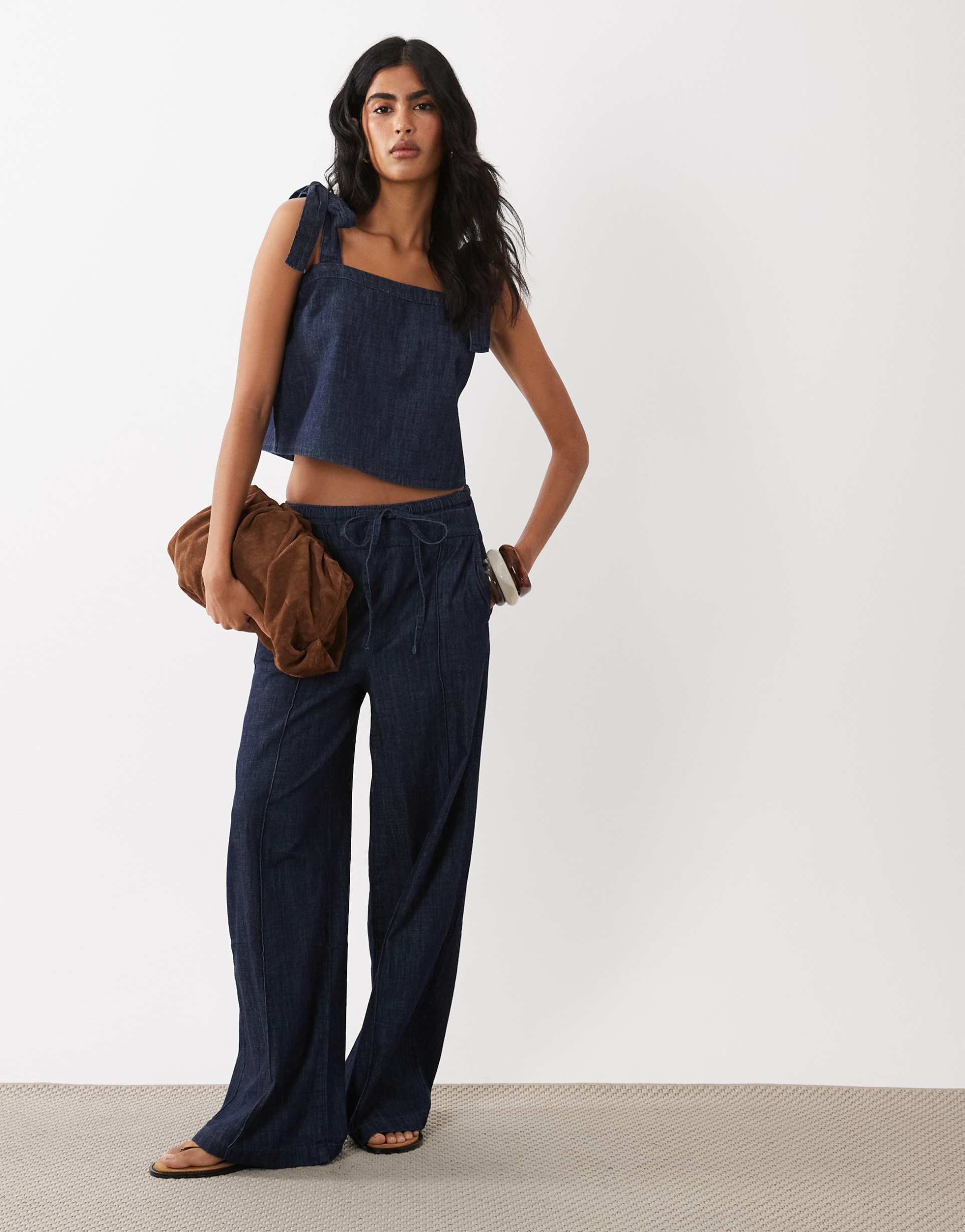 mango calonge tie waist pleated front wide leg denim pants in indigo - part of a set