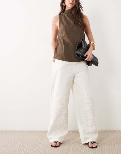 Mango Cameron 100% cotton embroidered straight jean in cream - view 1