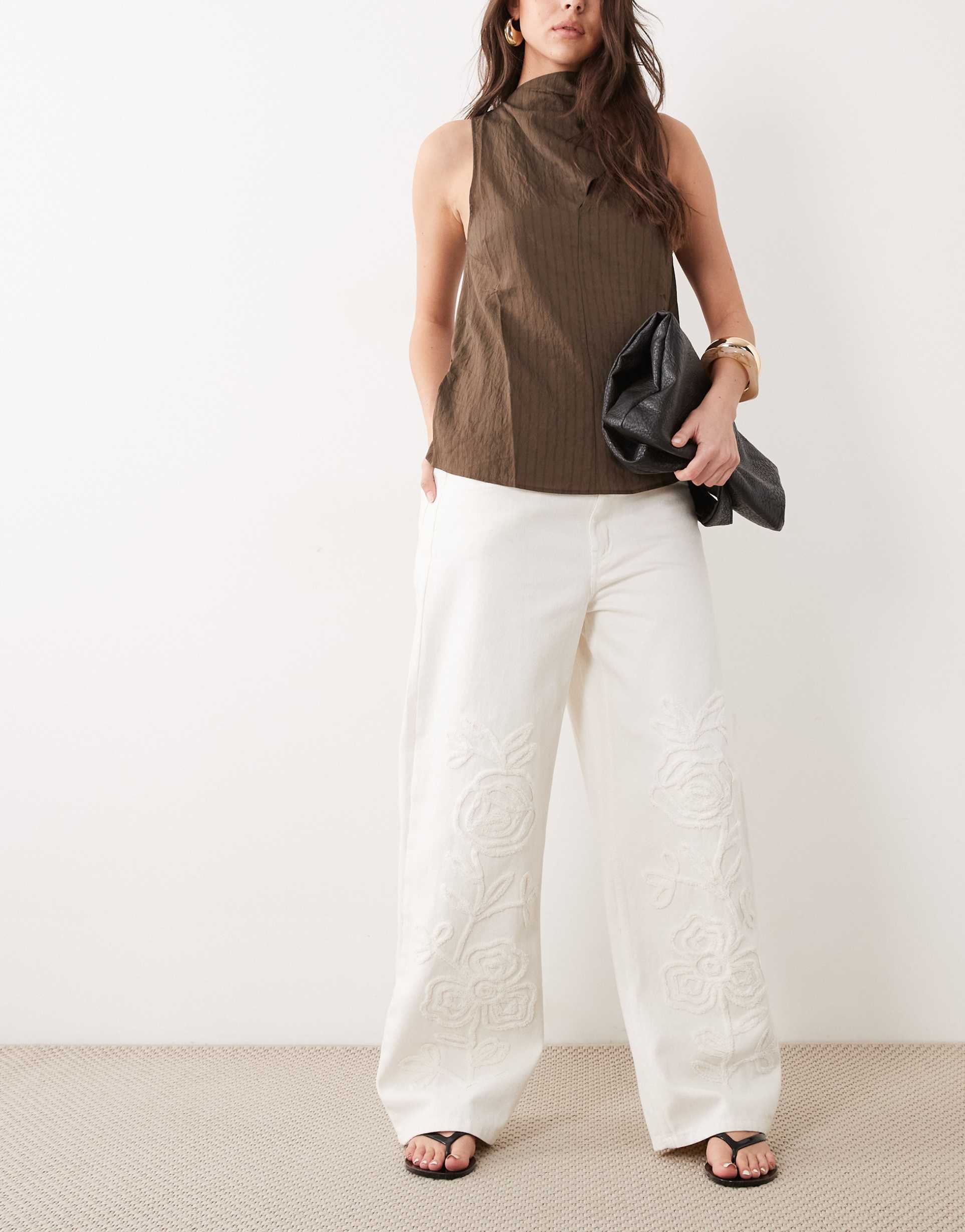 mango cameron 100% cotton embroidered straight jean in cream