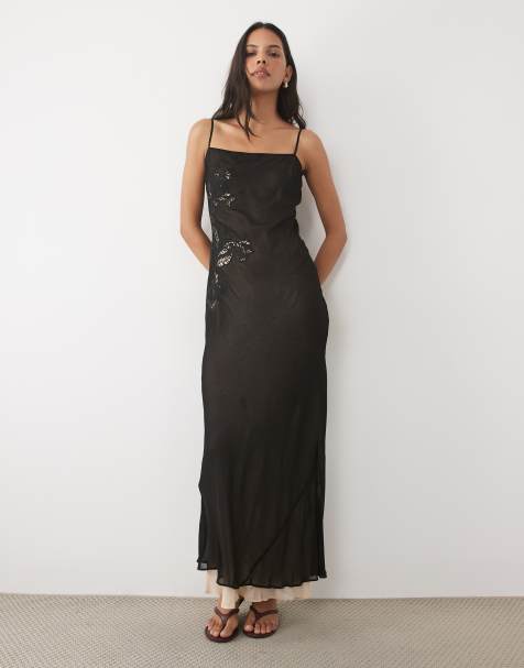 Mango cami maxi dress with embroidery in black - view 1