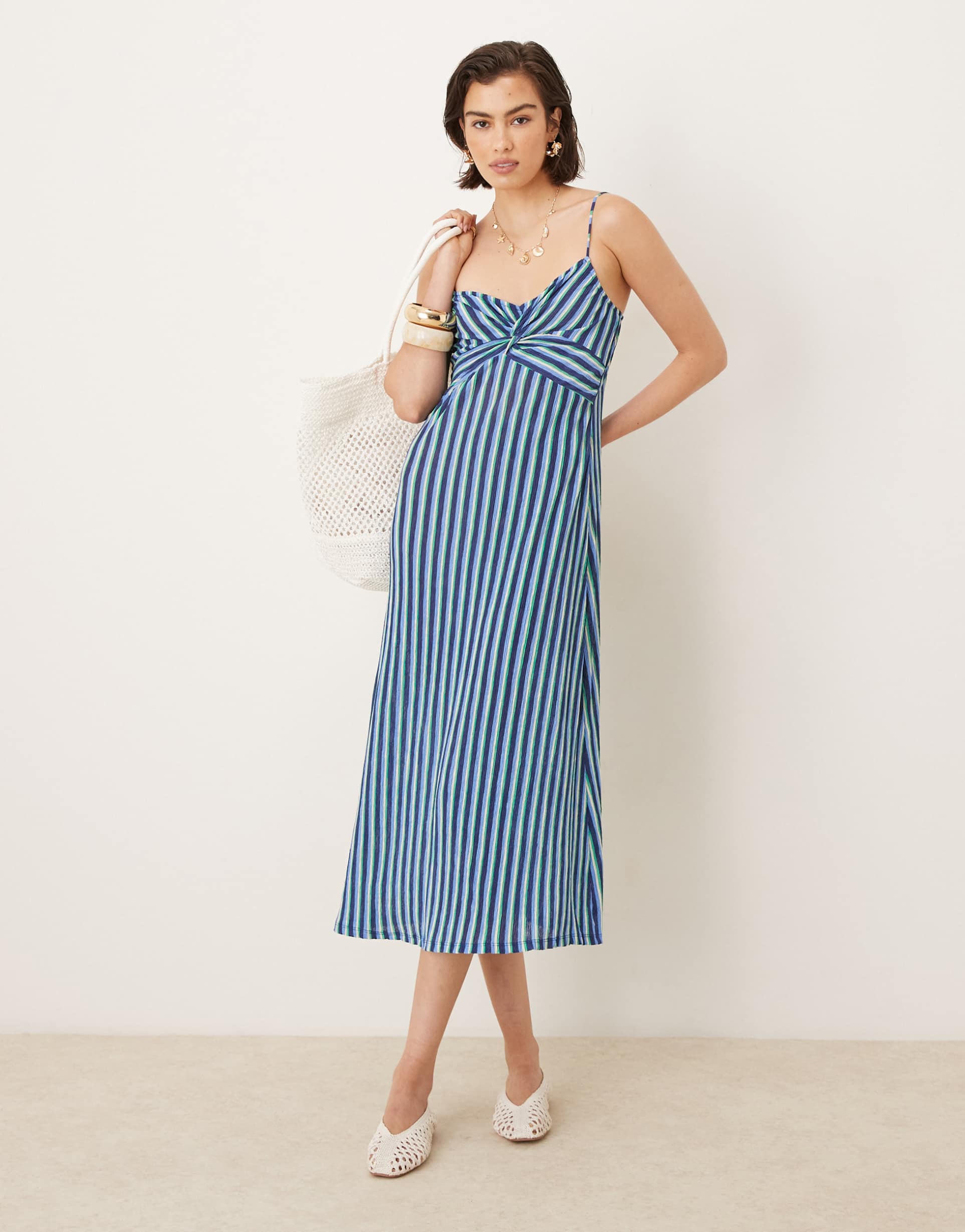 mango cami midi dress in spliced striped print