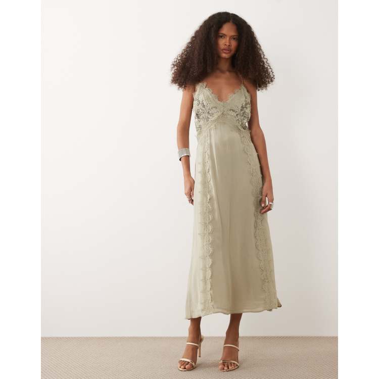Mango cami midi dress with lace trim and embellishment in pale green | ASOS