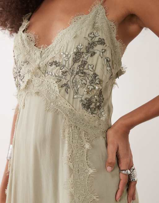 Mango cami midi dress with lace trim and embellishment in pale green | ASOS