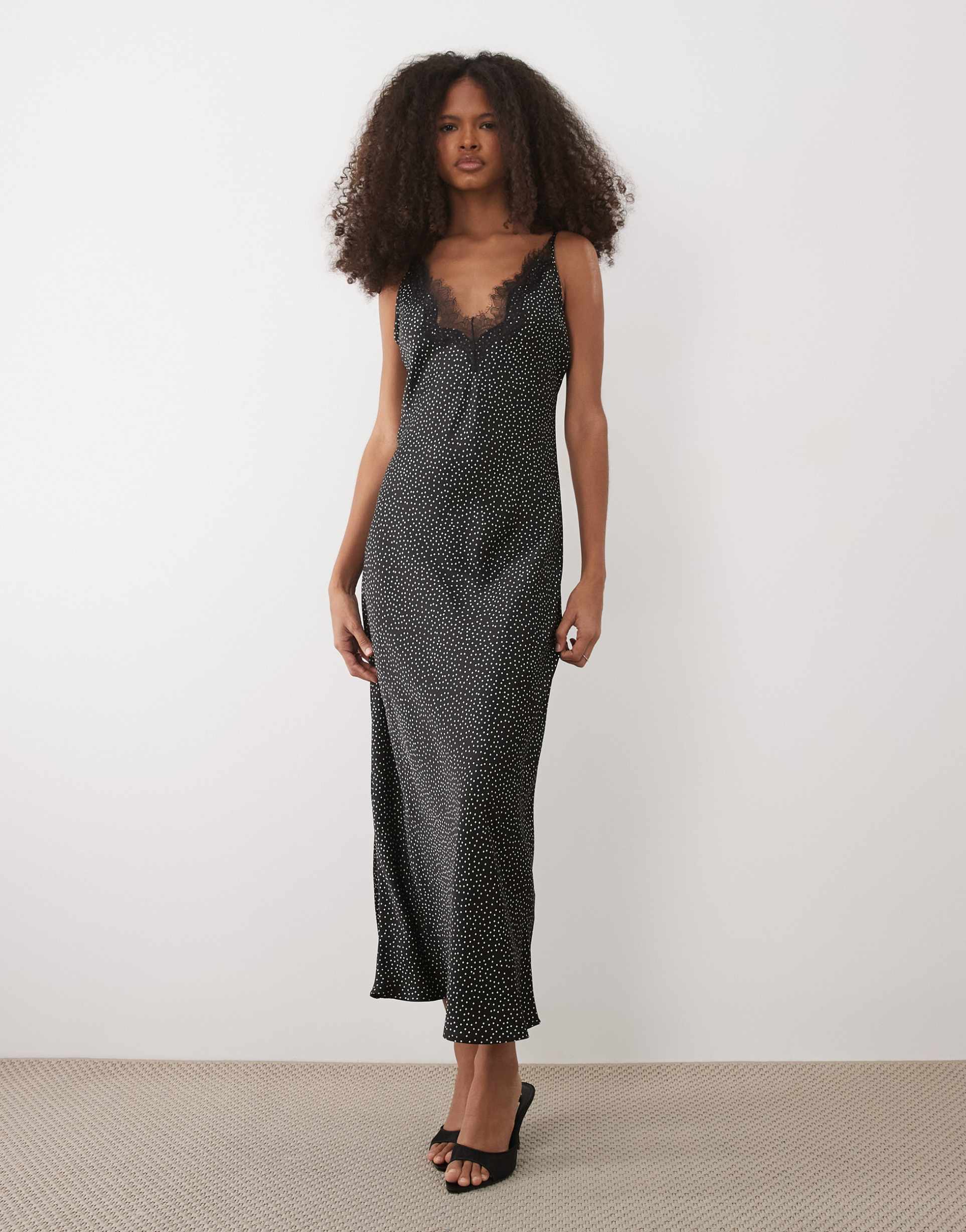 mango cami midi dress with lace trim in black and white polka dots