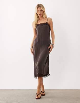 Mango Cami Midi Dress With Lace Trim In Brown