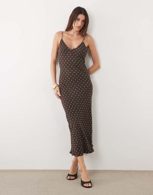 Mango cami midi-kjole med brunt polkaprikket print, 2 af 4