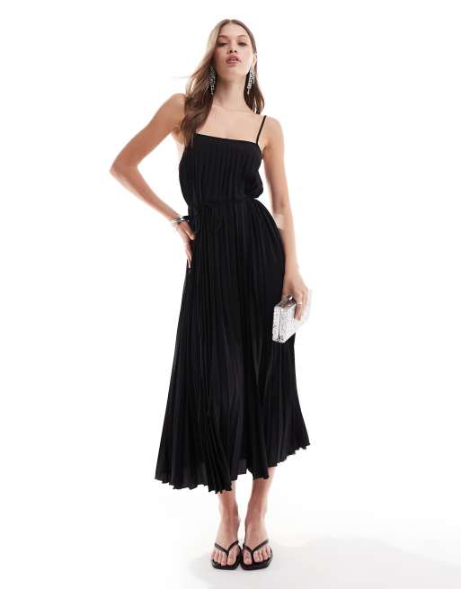 Mango cami pleated midi dress in black