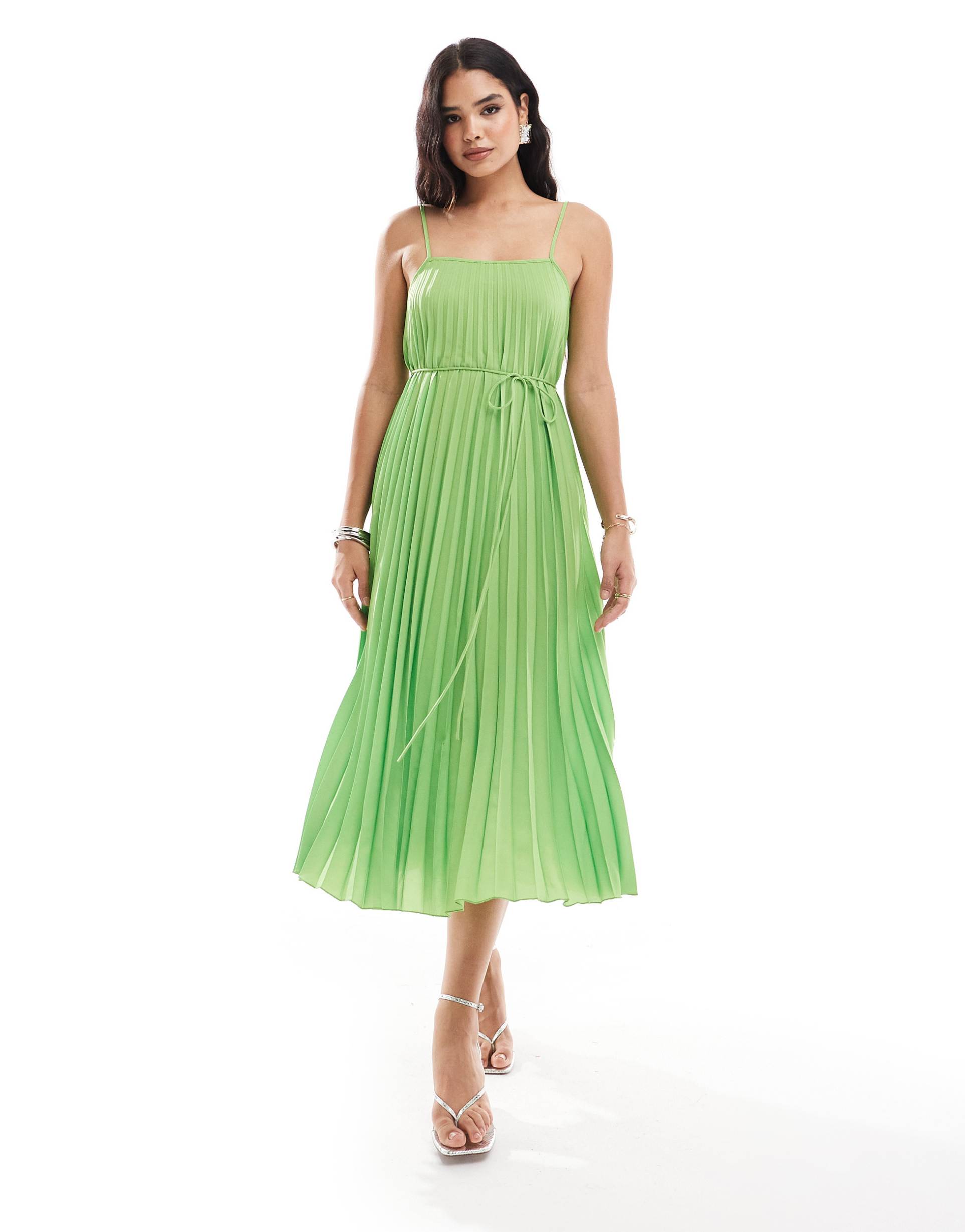 mango cami pleated midi dress in green